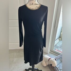 Michael Kors Elegant Black Long Sleeve Dress with gold sewed in necklace